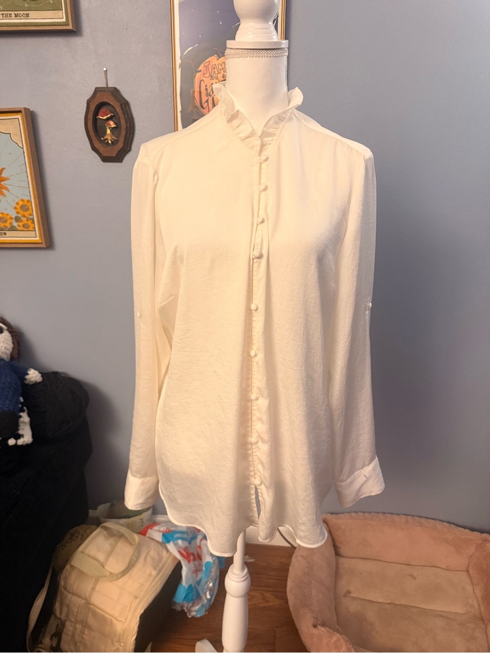 Express Cream Ruffle-Trim Button-Front Blouse